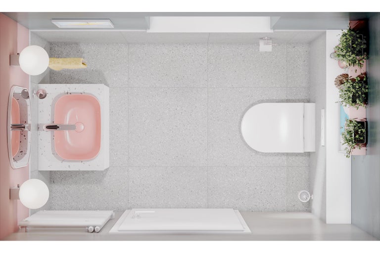 Vue de dessus d'une salle de bains avec lavabo, toilettes et douche