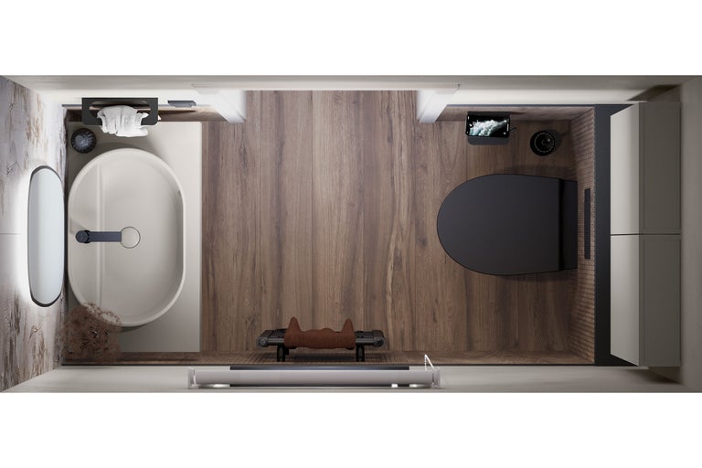 Vogelperspektive eines Badezimmers mit Badewanne, Toilette und Waschtisch