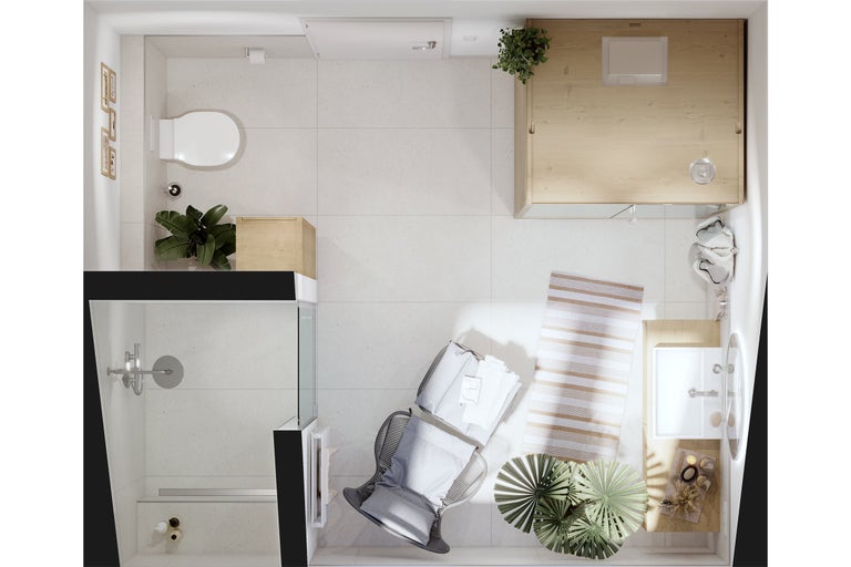 Vue de dessus d'une salle de bain lumineuse avec douche, toilettes, lavabo, chaise, tapis et plantes