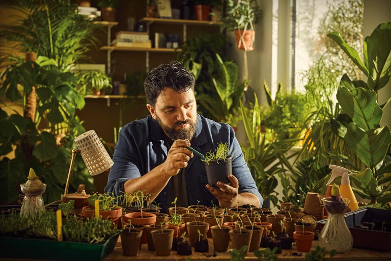 Un homme repique des semis dans une pièce entourée de plantes d'intérieur.