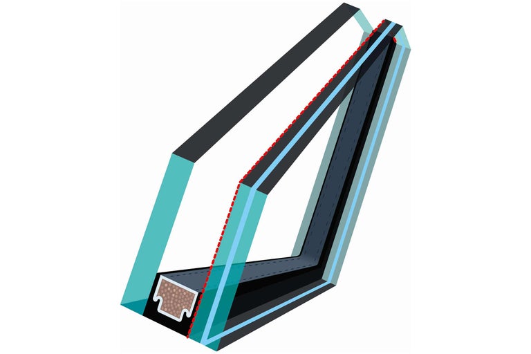 Querschnitt einer Fensterkonstruktion mit Rahmen und Mehrfachverglasung