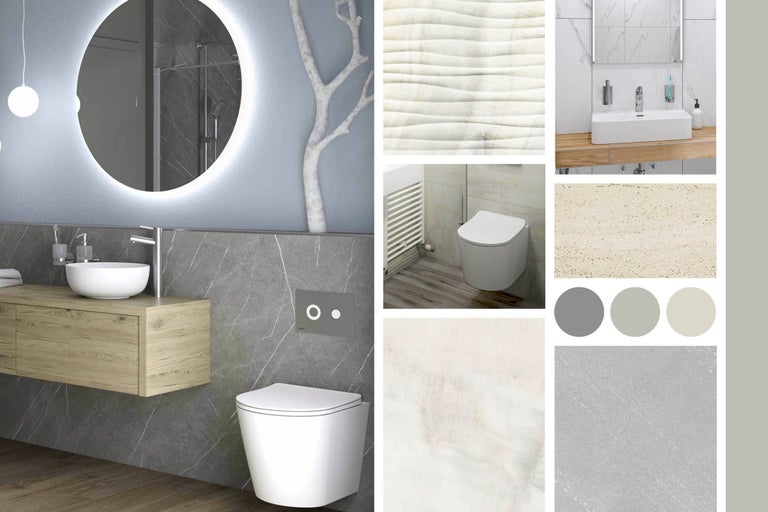 Badezimmergestaltung mit Waschtisch, Spiegel, Toilette und Fliesenmuster