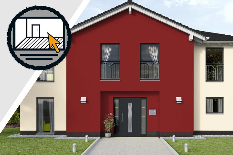 Façade de maison avec porte d'entrée, fenêtres et symbole pour la conception interactive de la maison