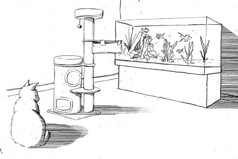 Croquis d'un chat devant un arbre à chat et un aquarium.
