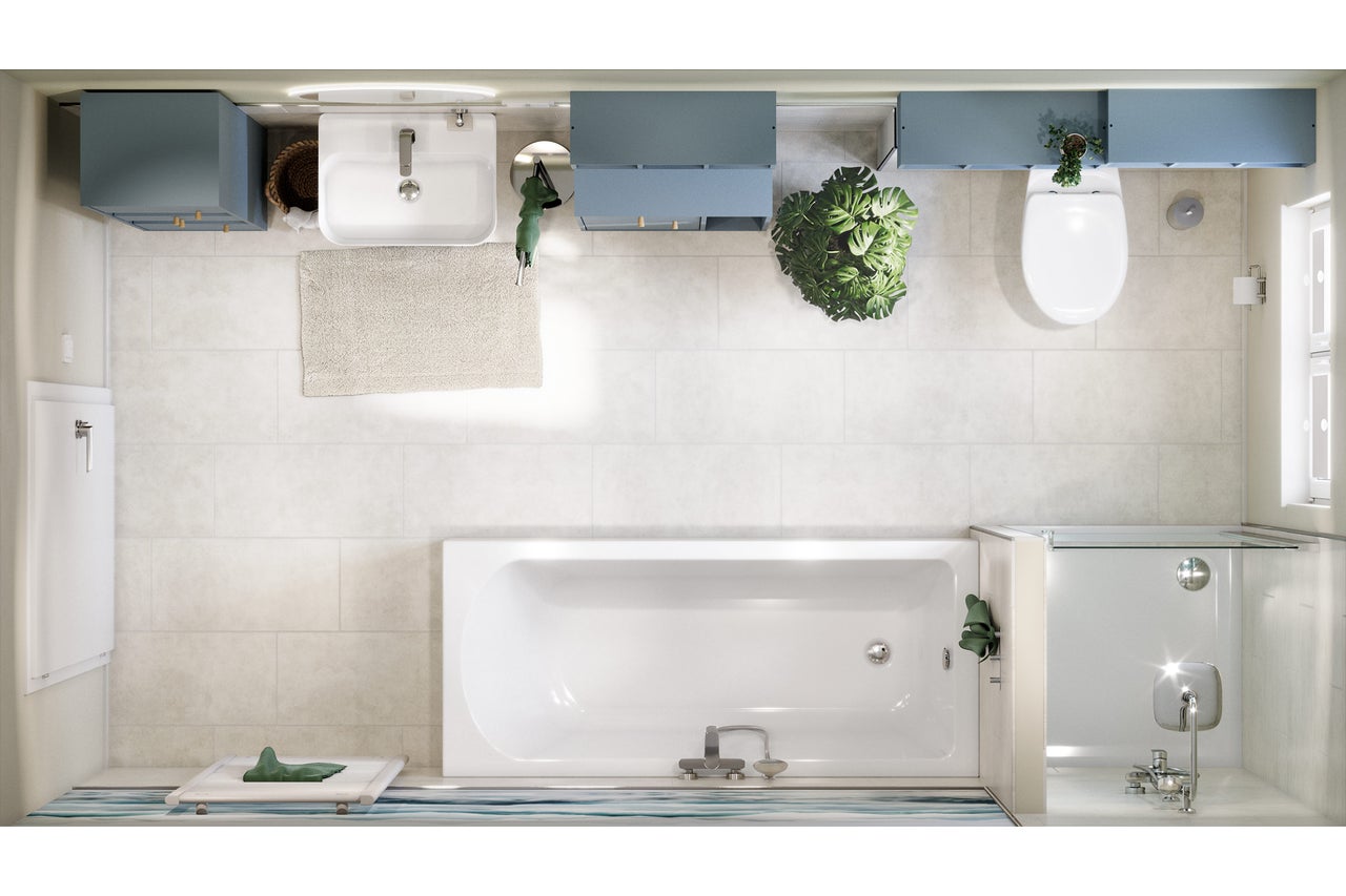 Badezimmer mit Badewanne, Waschbecken, Toilette und blauen Schränken in der Aufsicht