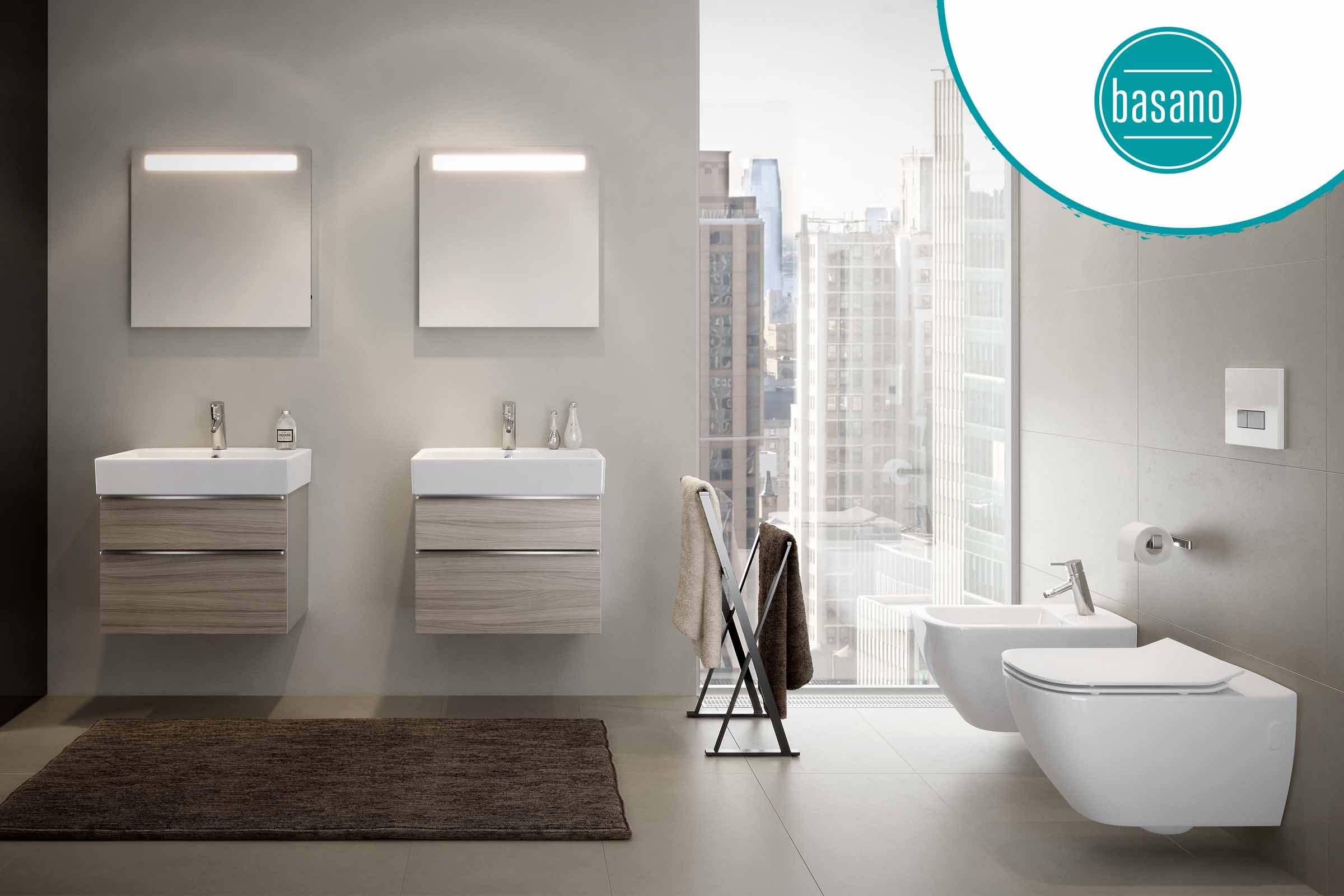 Modernes Badezimmer mit Waschtischen, Spiegeln, Toilette und Bidet.