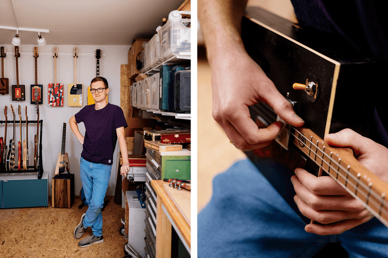 Homme dans un atelier avec des guitares artisanales et une personne jouant de la guitare cigar box