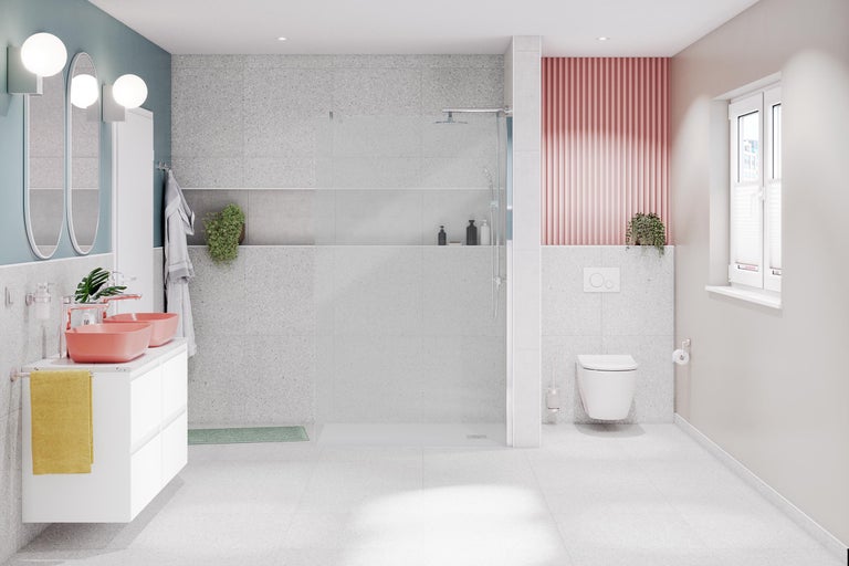 Salle de bain lumineuse avec douche, meuble-lavabo avec double vasque et WC