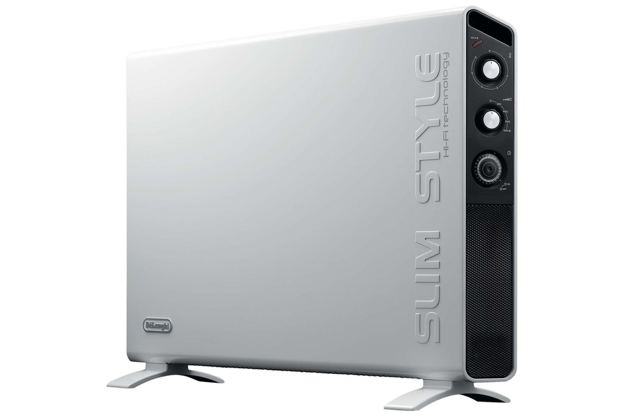 Weisser elektrischer Konvektorheizkörper mit Bedienfeld und DeLonghi Logo