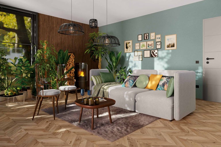 Salon avec canapé, table basse, poêle et décorations pour une ambiance chaleureuse