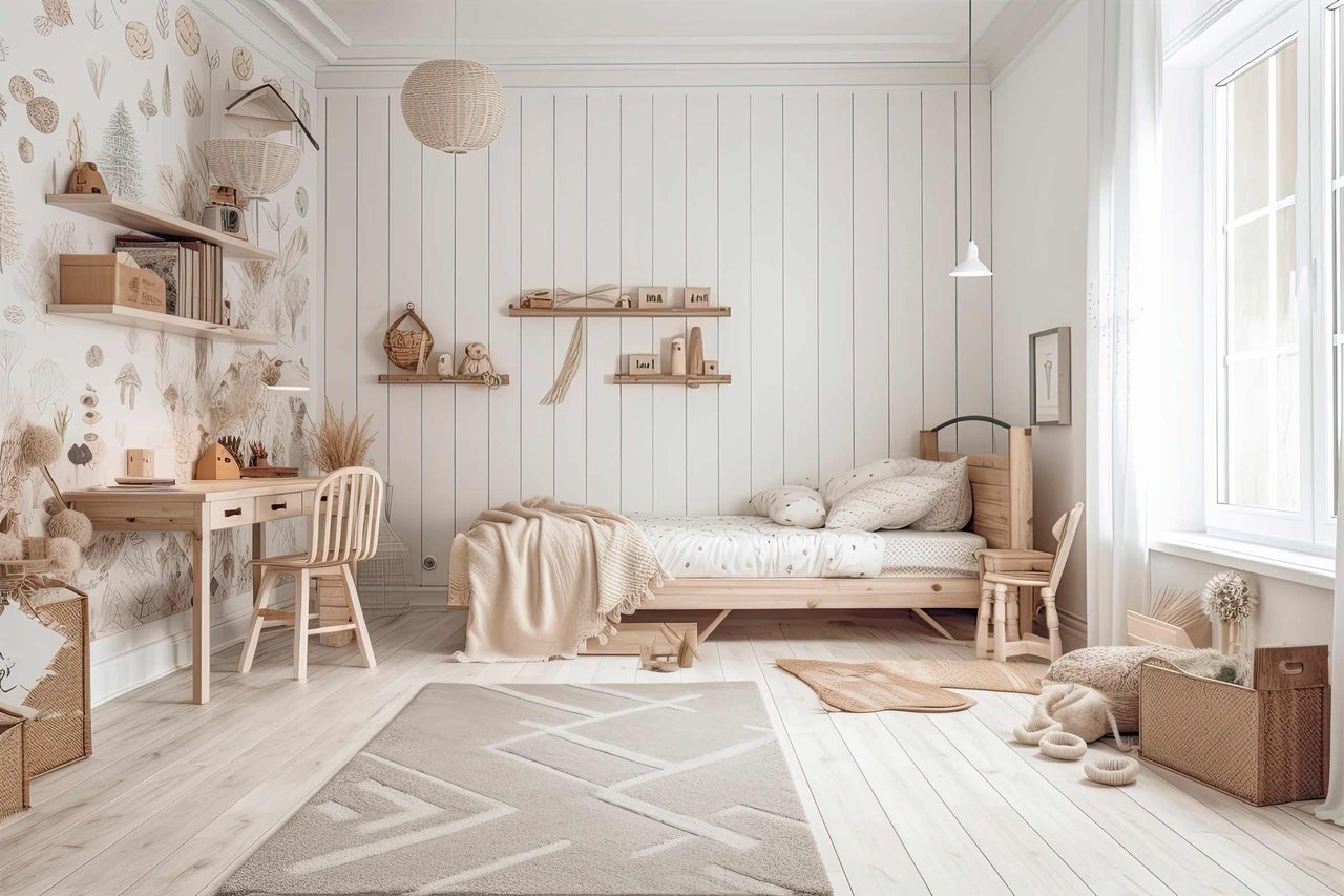 Chambre d'enfant avec lit en bois, bureau et tapis géométrique