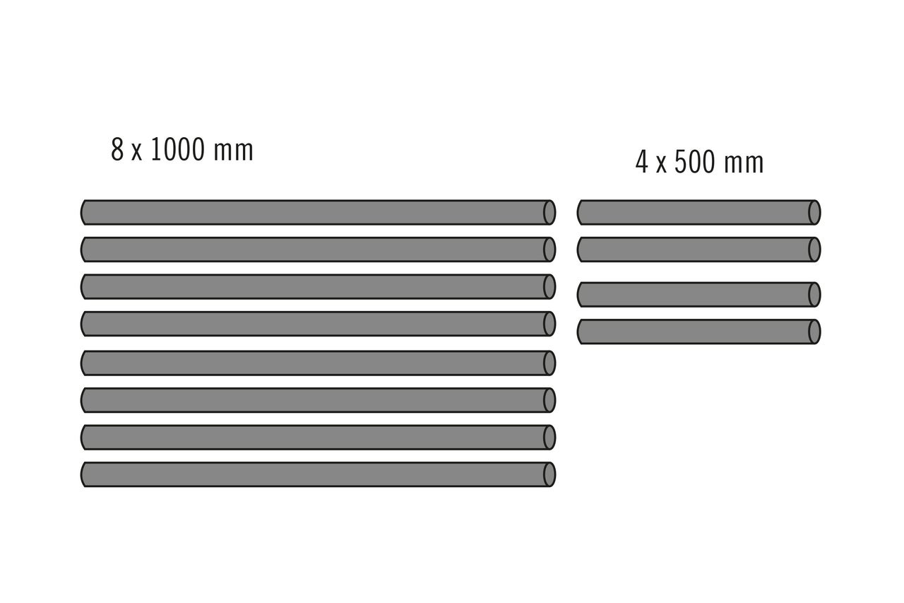 Illustration de huit barres de 1000 millimètres de long et de quatre barres de 500 millimètres de long