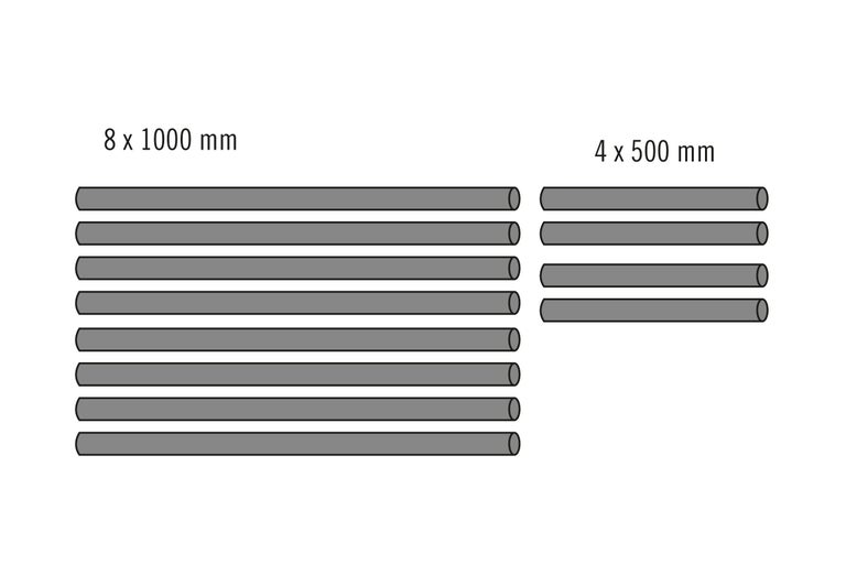 Abbildung von acht Stäben mit 1000 Millimeter Länge und vier Stäben mit 500 Millimeter Länge