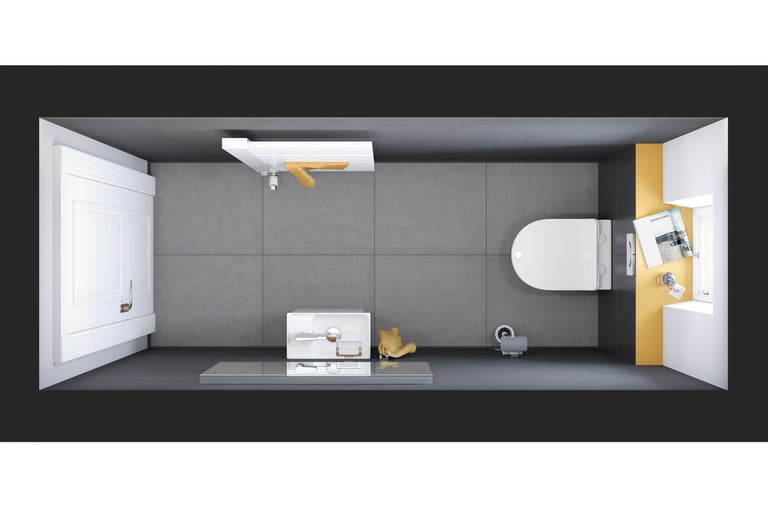 Ansicht von oben eines Badezimmers mit Toilette, Waschbecken und Handtuchhalter