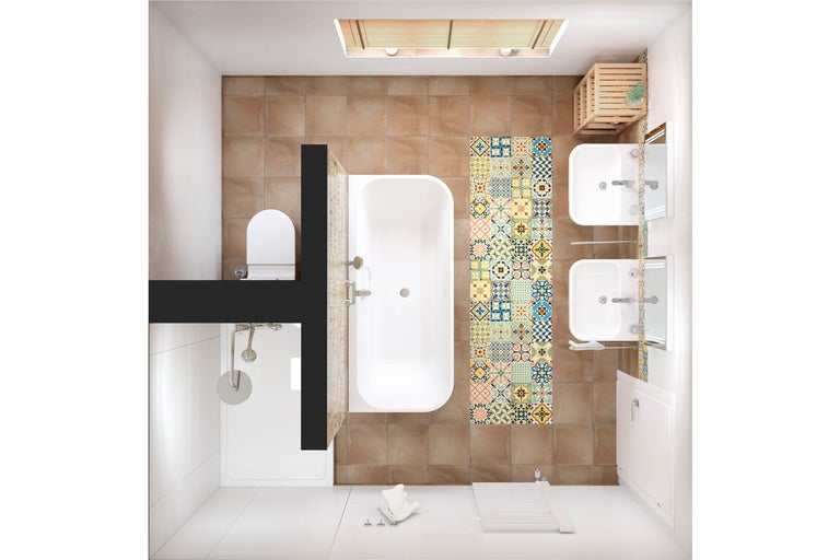 Vogelperspektive eines Badezimmers mit Badewanne, Dusche, Toilette, Waschbecken und braunen Bodenfliesen