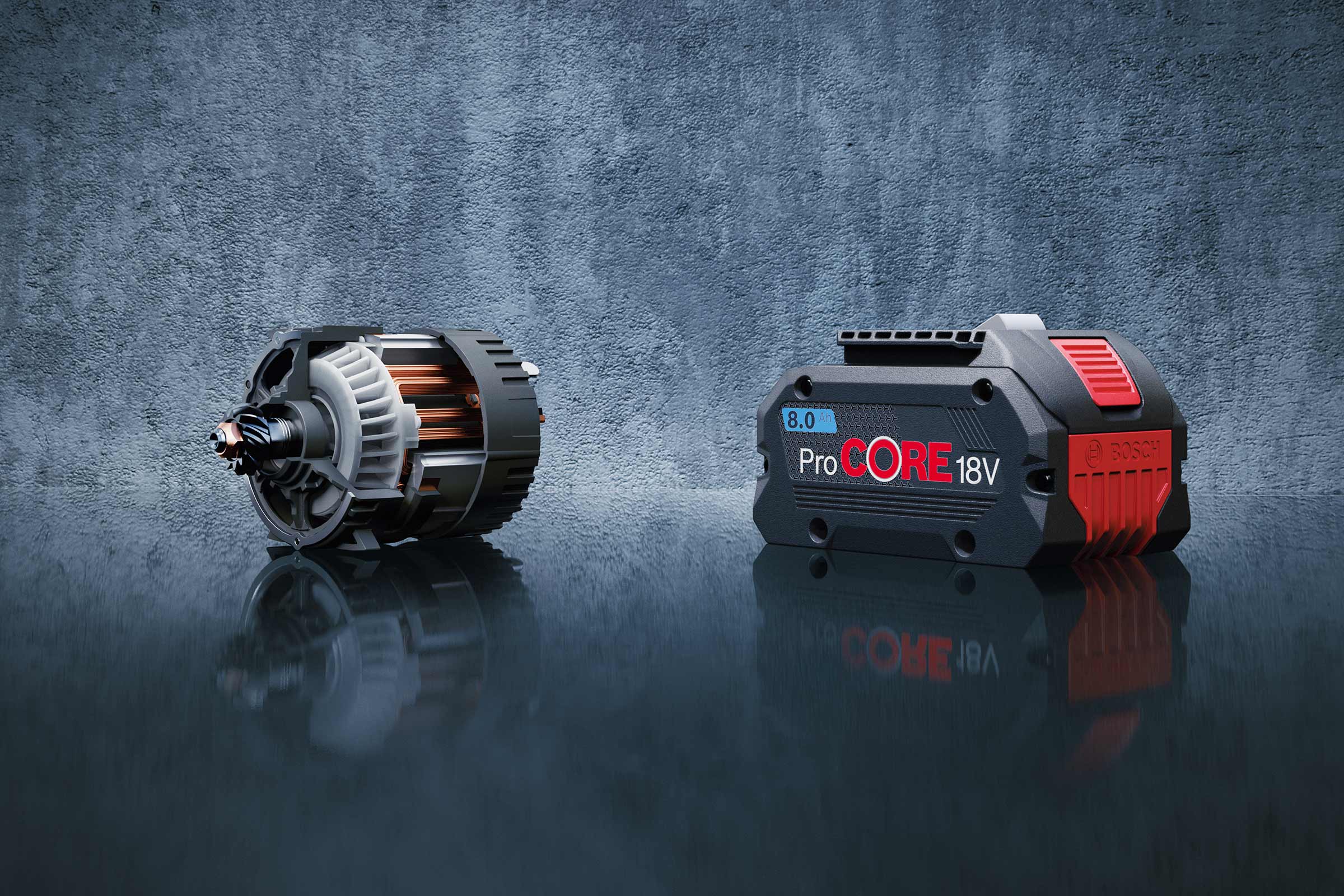 Batterie Bosch ProCORE 18V 8.0 Ah à côté d'un moteur électrique