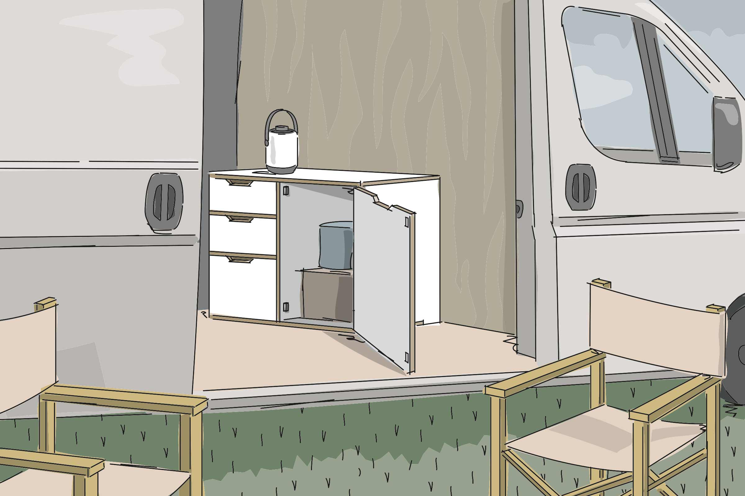 Illustration d'un aménagement de camping avec module d'armoire et meubles de camping devant un transporteur