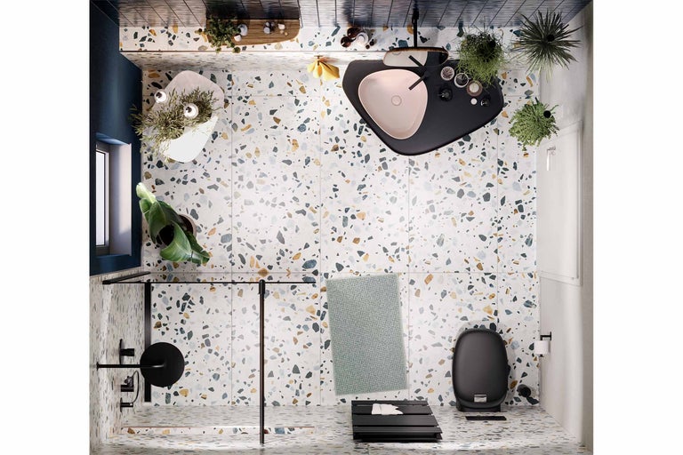 Salle de bains avec douche, lavabo, toilettes et sol en terrazzo