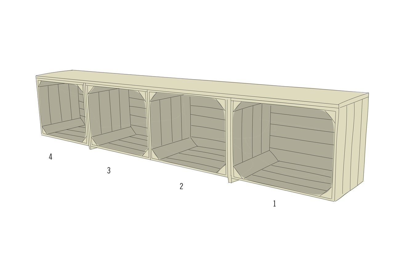 Illustration de quatre caisses de rangement en bois