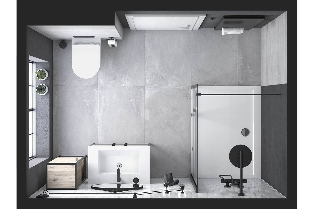 Vue détaillée d'une salle de bains avec toilettes, lavabo, douche et décorations.