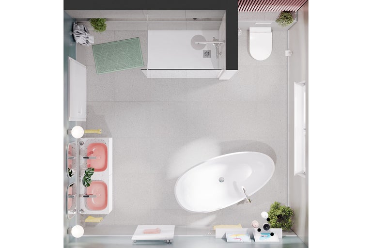 Vue plongeante d'une salle de bains avec douche, toilettes, lavabo et baignoire