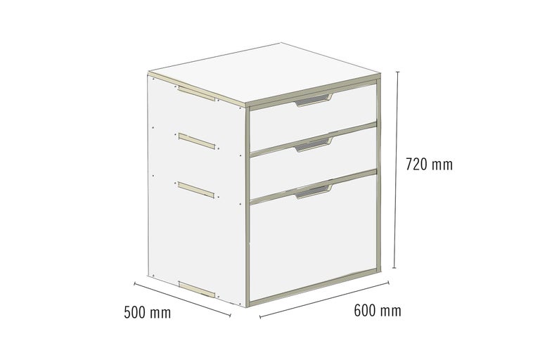 Schubladenelement mit drei Schubladen, 720 Millimeter hoch, 600 Millimeter breit und 500 Millimeter tief