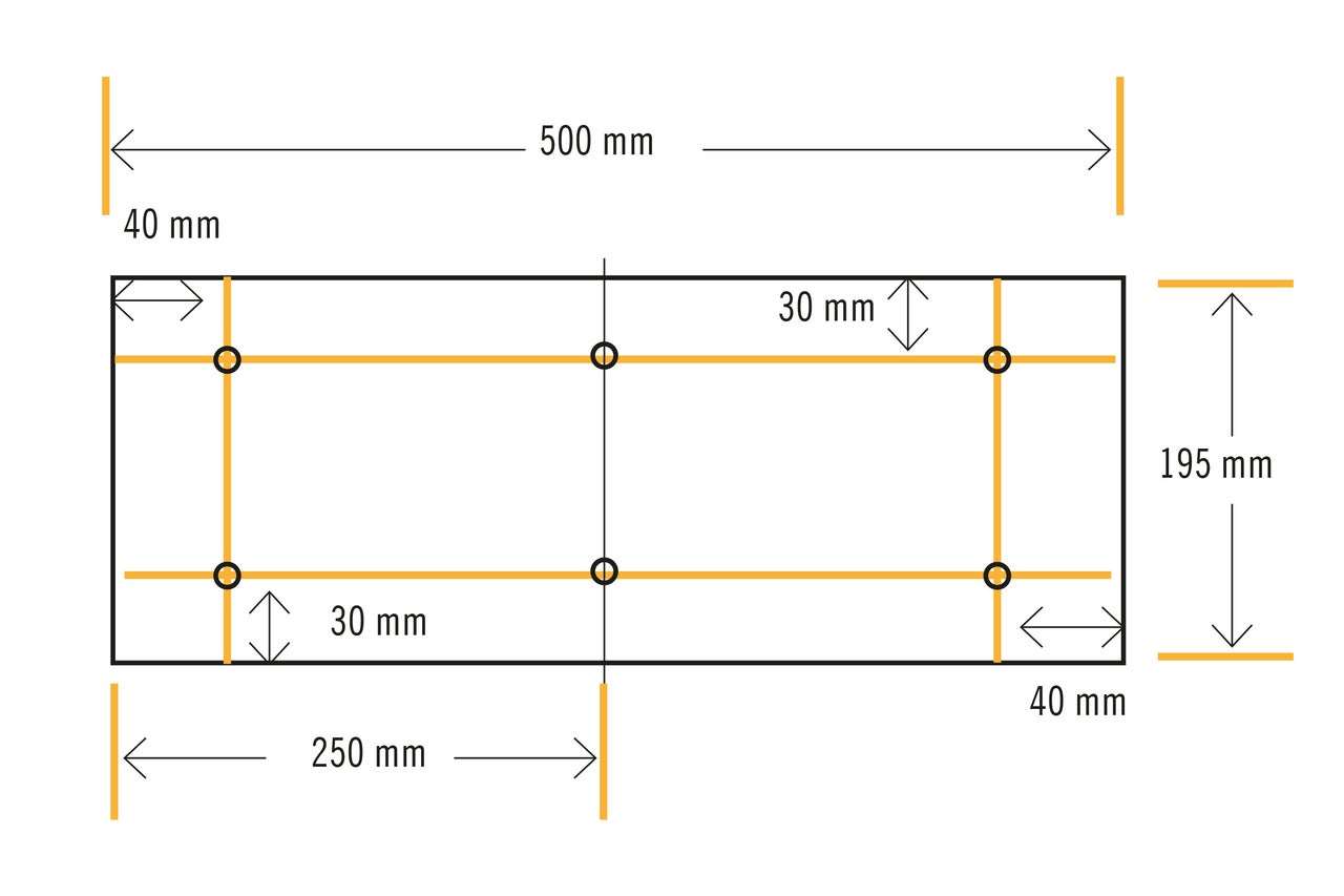 Schéma avec dimensions : 500 mm de longueur, 195 mm de hauteur, espacements de 40 mm et 30 mm