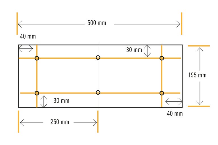 Schematische Darstellung mit Maßangaben: 500 mm Länge, 195 mm Höhe, 40 mm und 30 mm Abstände