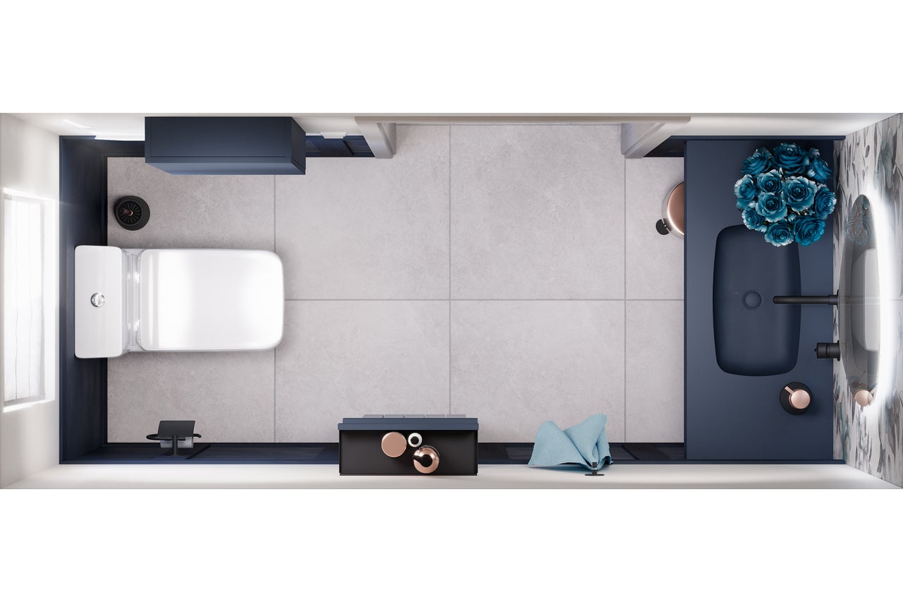 Vogelperspektive eines Badezimmers mit Toilette, Waschbecken und Badmöbeln