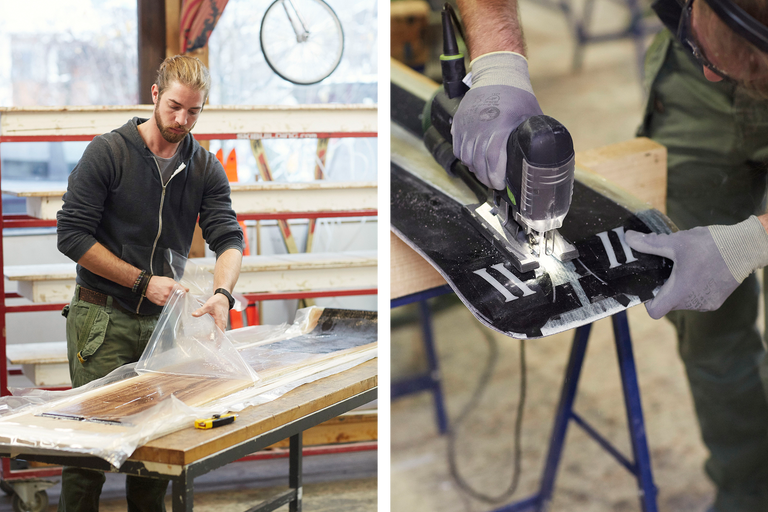 Deux artisans au travail: L'un retire le film protecteur du bois, l'autre scie avec une scie sauteuse.