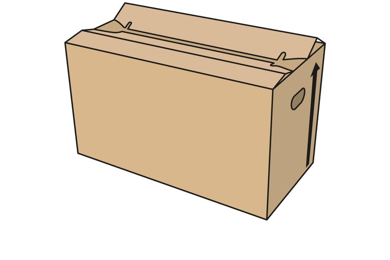 Carton de déménagement en carton avec poignée de transport et flèche de direction