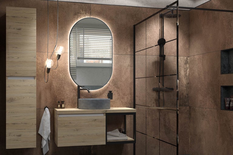 Salle de bain moderne avec lavabo, miroir, douche et éclairage