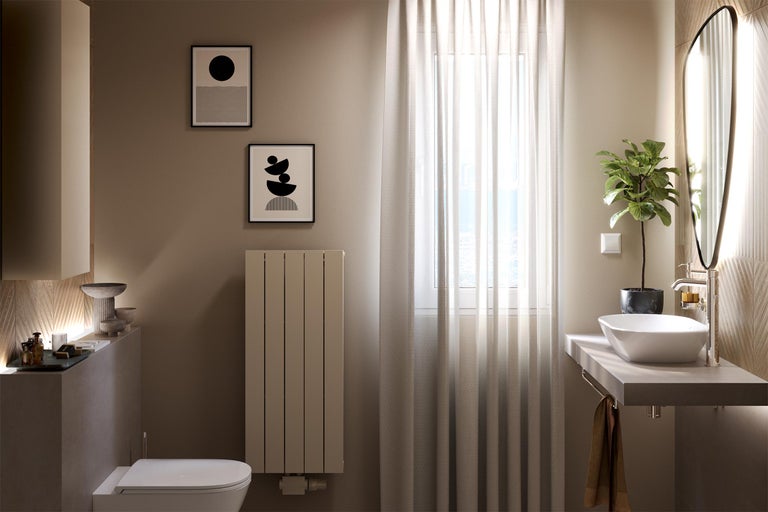 Salle de bains moderne avec lavabo, radiateur, miroir et décoration