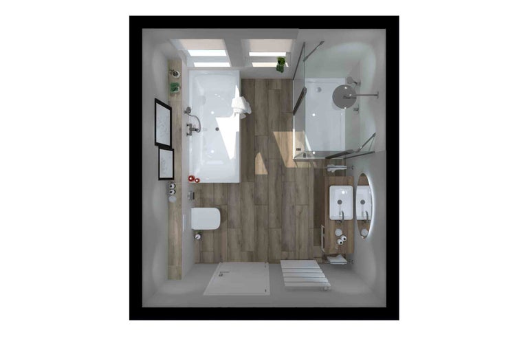 Vue de dessus d'une salle de bains avec baignoire, douche, toilettes et lavabo