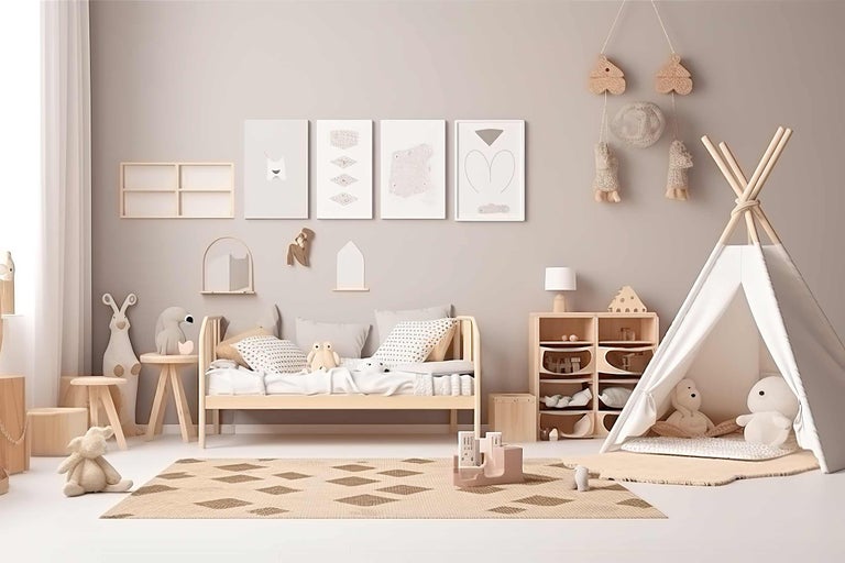 Chambre d'enfant aménagée avec goût avec des meubles en bois, des jouets et un tipi.