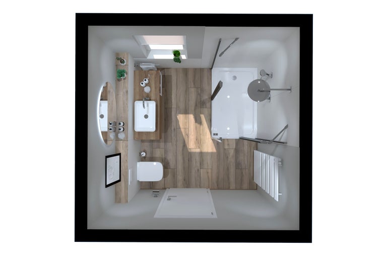 Vue de dessus d'une salle de bains avec douche, lavabo, toilettes, miroir et radiateur
