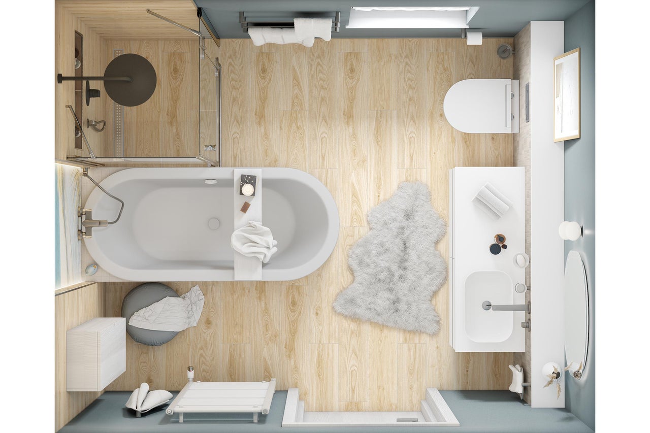 Vue de dessus d une salle de bain moderne avec sol aspect bois, baignoire en îlot, douche, lavabo et WC dans un design clair et organisé.