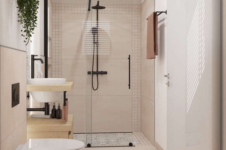 Salle de bains avec douche, lavabo et toilettes au design moderne