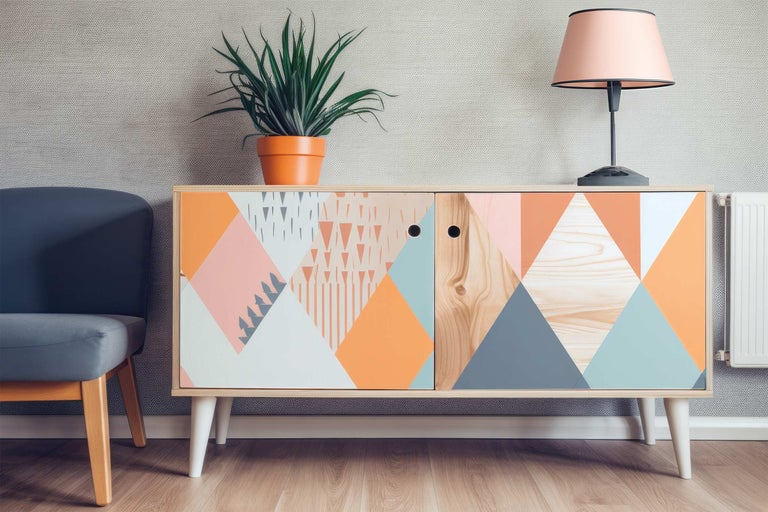 Commode à motifs géométriques, plante d'intérieur et lampe sur plancher en bois
