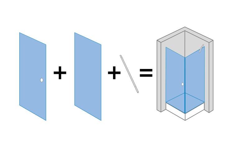 Construction d'une cabine de douche avec porte, paroi latérale et barre de stabilisation
