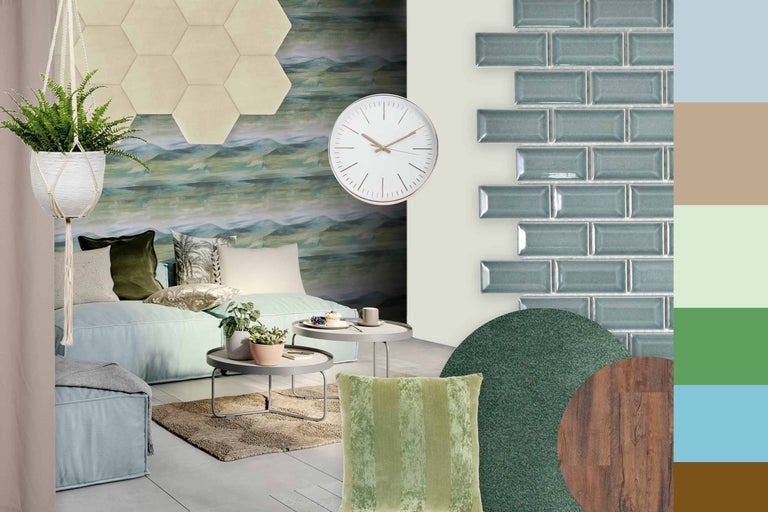Wohnraum mit Sofa, Kissen, Tisch, Uhr, Wandpaneelen, Fliesen und Dekorationen für eine gemütliche Atmosphäre