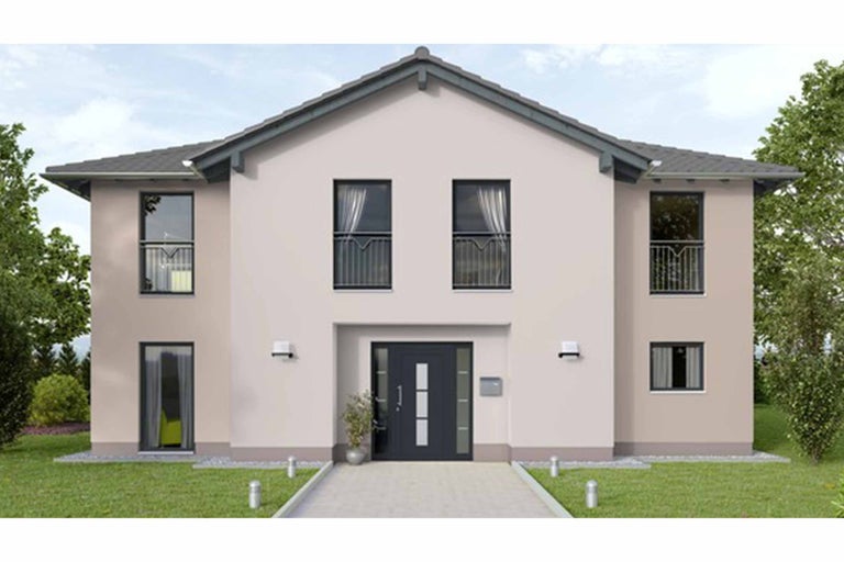 Image d'une maison individuelle moderne avec porte d'entrée, fenêtres et toit gris