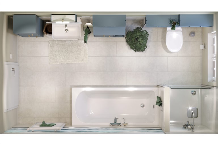 Vue de dessus d'une salle de bains avec baignoire, toilettes, lavabo et meubles de salle de bains.