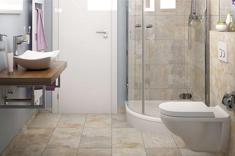 Badezimmer mit Waschbecken, Dusche und Toilette