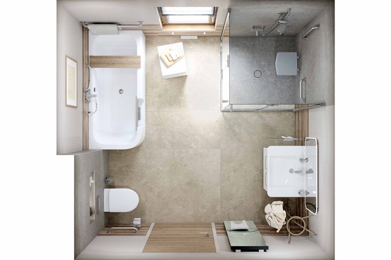 Vue de dessus d'une salle de bain avec baignoire, douche, lavabo et toilettes.