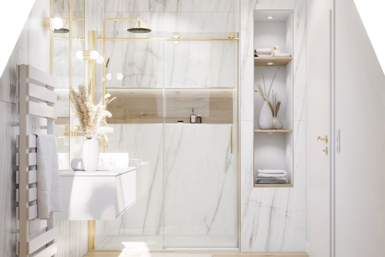 Helles Badezimmer mit Dusche, Waschtisch und Handtuchwärmer