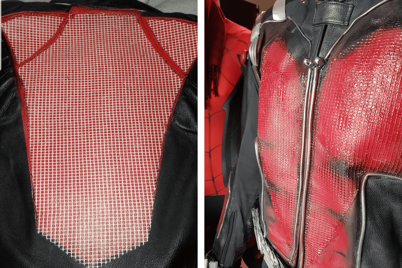 Gros plan d'une veste en cuir noir et tissu en maille rouge