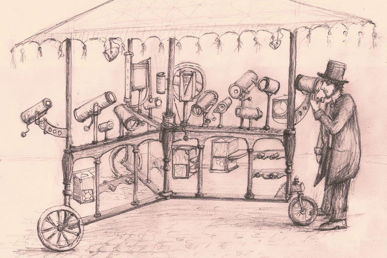 Croquis d'un vendeur avec des télescopes sur un stand mobile