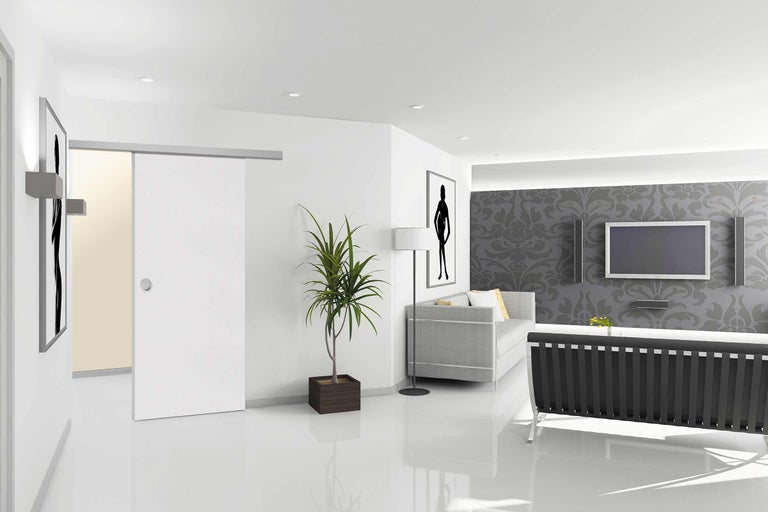 Helles Wohnzimmer mit Schiebetür, Pflanze und grauer Couch vor einer gemusterten Wand