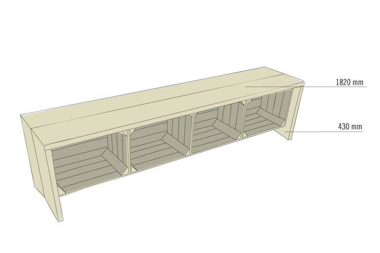 Darstellung eines Regalsystems aus Holz mit den Massen 1820 mm mal 430 mm.